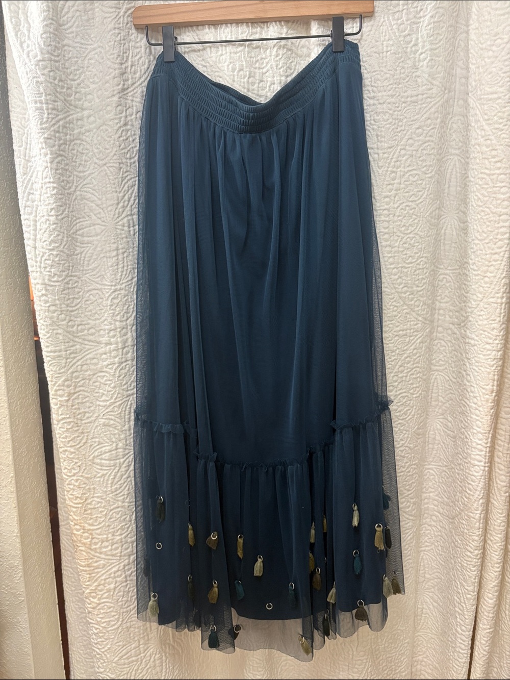 Maeve Teal Maxi Skirt with Tassel Embellishments